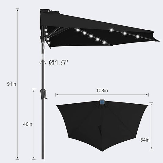 FLAME&SHADE 9 FT Solar Half Patio Umbrella with 25 LED Lights, Half Outdoor Umbrella with Button Tilt, Half Round Table Umbrella For Deck, Backyard, Balconies, Decks, Rvs, UV Protection (Black)
