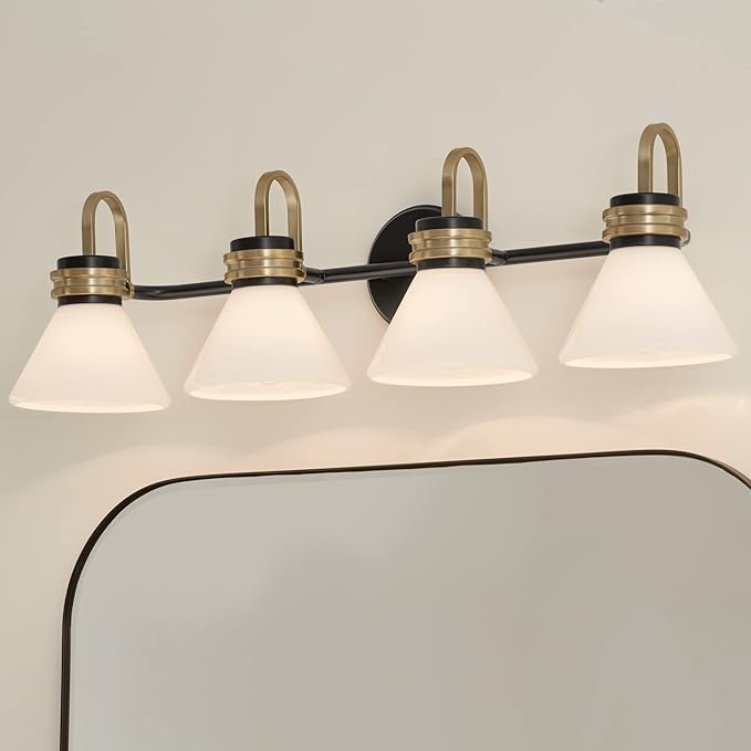 Kichler Farum 34" 4-Light Vanity Light with Opal Glass in Black, for Single or Double Vanity, Over a Mirror, Powder Room, Bathroom, (34" W x 9.5" H), 55156BK