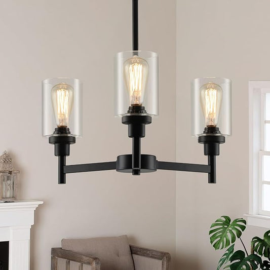 3 Lights Black Chandeliers for Dining Room Light Fixture Over Table, Entryway Chandelier for Foyer, Hallway Lighting Fixtures with Glass Shade for Dining Room Kitchen Island Foyer Hallway