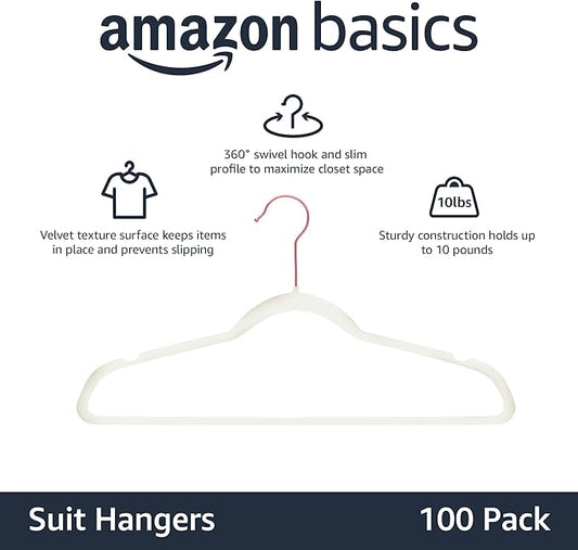 Amazon Basics Slim Velvet Non-Slip Space Saving Suit Clothes Hangers for Closet Organization, Ivory/Rose Gold, 100-Pack