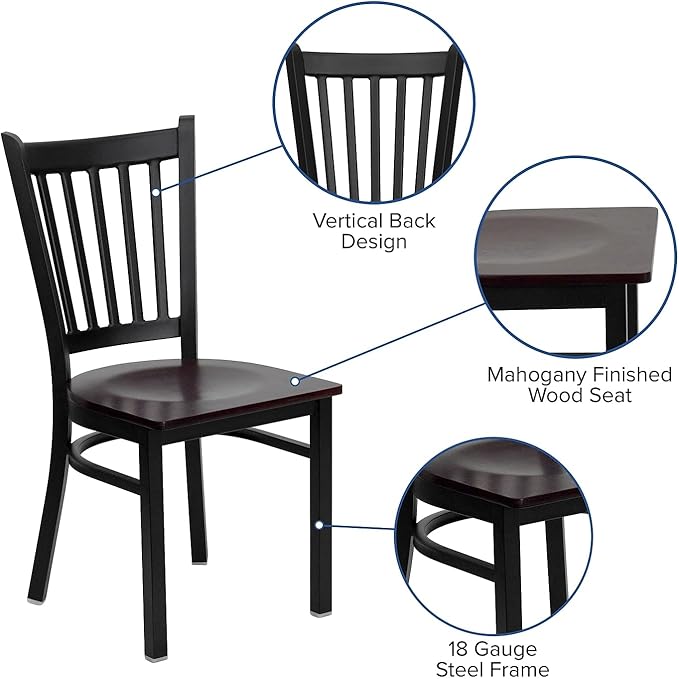 Flash Furniture 2 Pk. HERCULES Series Black Vertical Back Metal Restaurant Chair - Mahogany Wood Seat