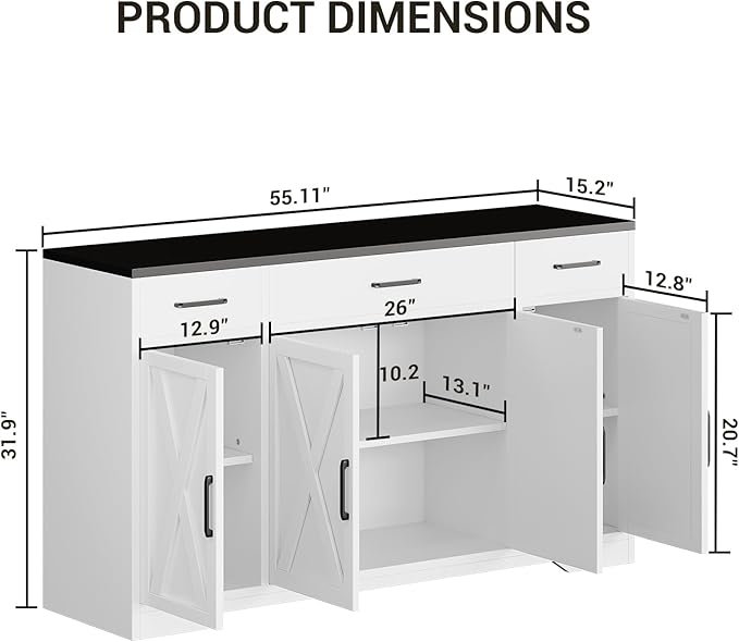 GAOMON Buffet Cabinet with Drawers, 55inch Wood Coffee Bar Large Sideboard Buffet Storage Cabinet with Shelves and Doors for Kitchen Dining Living Room, White/Black