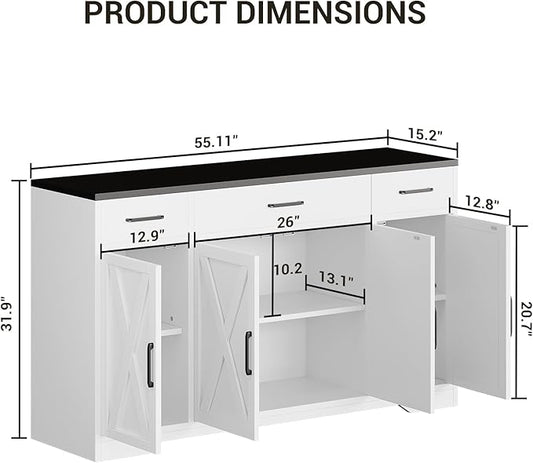 GAOMON Buffet Cabinet with Drawers, 55inch Wood Coffee Bar Large Sideboard Buffet Storage Cabinet with Shelves and Doors for Kitchen Dining Living Room, White/Black