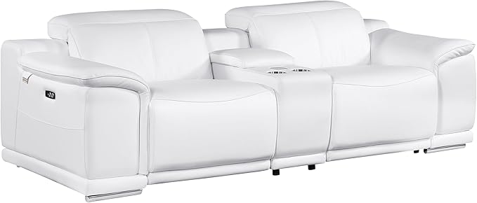 BlackJack Furniture Venice Top Grain Italian Leather Recliner 7 Seater 6 Power Reclining 3 Piece Sofa Set with Adjustable Headrests Modern Seating Sofa, Loveseat and Chair for Living Room , White