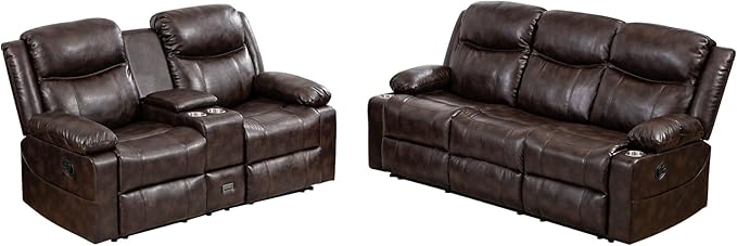 Recliner Sofa Set - Reclining Sofa Couch Set, 2 Pieces Recliner Furniture Sofa Set, 3-Seater Reclining Sofa & 2-Seater Reclining Loveseat with Massage & Heat for Living Room (Brown) | Cup Holder, Side pocket, Storage, Console