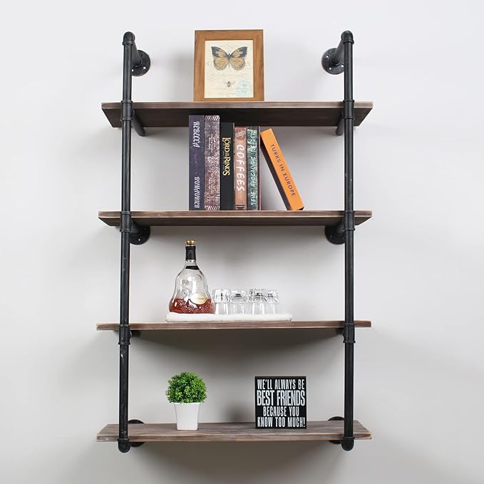 MBQQ Industrial Pipe Shelving Wall Mounted,30in Rustic Metal Floating Shelves,Steampunk Real Wood Book Shelves,Wall Shelf Unit Bookshelf Hanging Wall Shelves,Farmhouse Kitchen Bar Shelving(4 Tier)