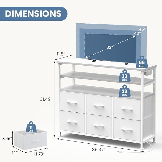 DUMOS TV Stand for Up to 45 inch TV, Wood Top TV Media Console Table with 6 Fabric Drawers, 2 Shelves, Entertainment Center with LED Lights & Charging Station for Living Room, Hallway, White