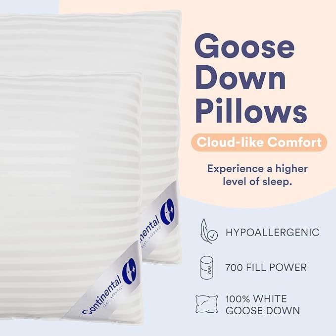 Continental Bedding | Serenity Goose Down Pillow | 700 Fill Power Hungarian White Down | 400TC Cotton Damask Shell | Made in USA | Standard, Soft with Protector