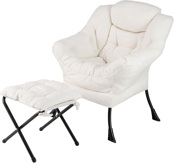 GORELAX Modern Accent Chair with Ottoman, Upholstered Lounge Sofa Chair & Folding Footstool Set, Reading & Relaxing Chair for Bedroom, Living Room, Dorm Room (Plush Beige)