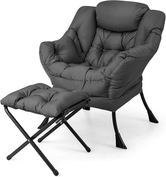 GORELAX Lazy Chair with Ottoman, Modern Accent Chair w/Armrests & Side Pocket, Upholstered Lounge Sofa Chair & Folding Footstool Set, Reading Chair for Bedroom, Living Room, Dorm Room (Grey)