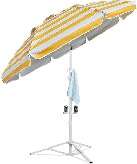 AMMSUN Shade Umbrella, Premium Portable Umbrella with Stand, 6.5ft Lightweight Free Standing Canopy for Sporting Games, Adjustable Instant Sun Protection and Easy to Carry, Stripe Yellow