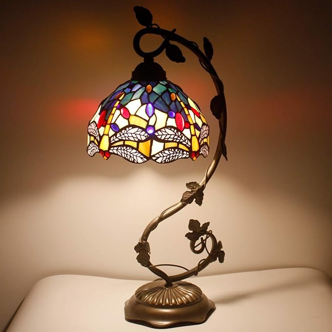 WERFACTORY Tiffany Lamp Stained Glass Table Lamp Blue Yellow Dragonfly Style Desk Light Metal Leaf Base 8X10X21 Inches Decor Small Space Bedroom Home Office S128 Series