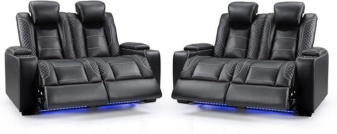 ANJ Power Reclining Loveseat,2 PCS 2-Seater Electric Recliner Sofa with LED Lights, USB Charging & Cup Holders, Faux Leather Living Room Furniture for Home Theater, Small Spaces & RV