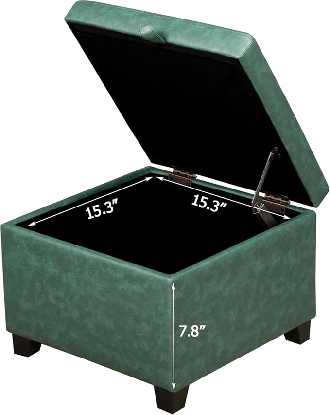 Adeco Faux Leather Storage Ottoman, 14-inch Square Cube Footrest Stool for Living Room & Bedroom, Upholstered Vanity Seat with Solid Wood Legs and Hinged Lid, Dark Green