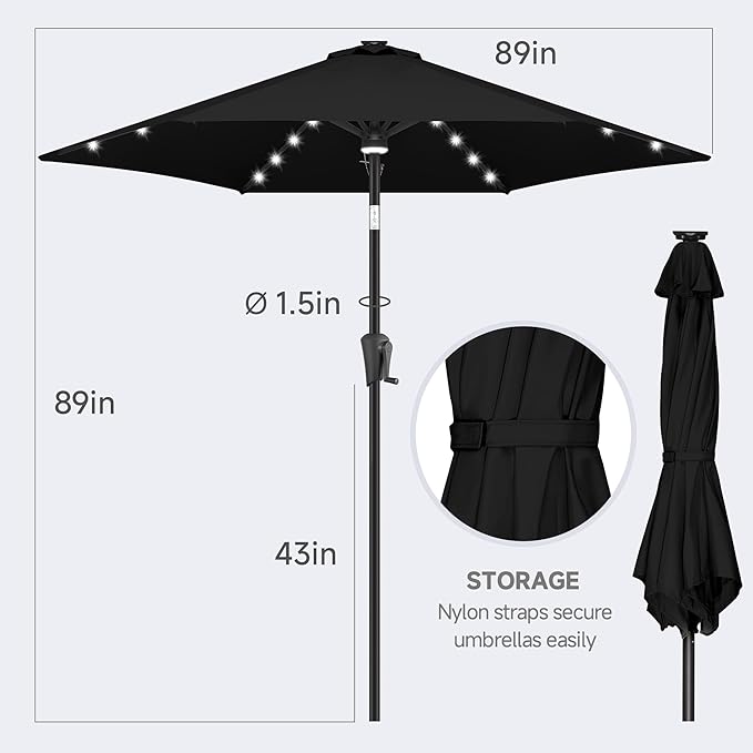 FLAME&SHADE 7.5 FT Solar Light Patio Umbrella, 24 LED Lights Outdoor Umbrella with Centre Surround Light, Table Umbrella Outdoor Patio for Deck, Pool, Backyard, Garden, UV Protection (Black)