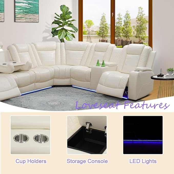 Leather Living Room Furniture Set, Power Reclining Sectional Sofa Set Creamy White, Breathing Leather Recliners Sofa with LED USB Ports and Storage Console, Reclining Couch Set for Home/Office