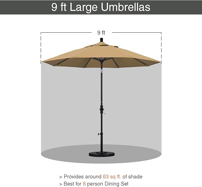 California Umbrella 9' Round Aluminum Pole Fiberglass Rib Market Umbrella, Crank Lift, Collar Tilt, White Pole, Champagne Olefin