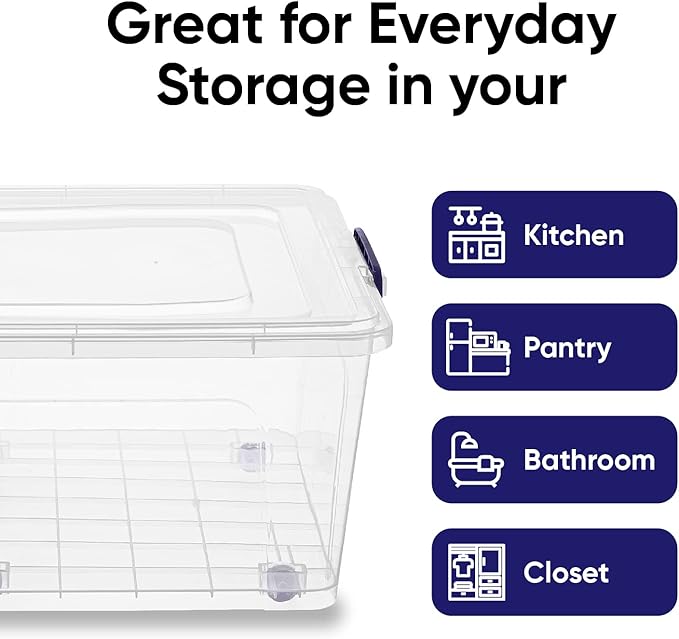 Superio Clear Storage Bin with Lid, Large Stackable Container with Lid, 60 Quart Wheeled Storage Box for Home, Garage, Storage