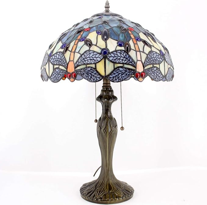 WERFACTORY Tiffany Lamp Stained Glass Bedside Table Lamp Navy Blue Yellow Turquoise Dragonfly 16X16X24 Inch Desk Light Metal Base Decor Bedroom Living Room Home Office S128 Series