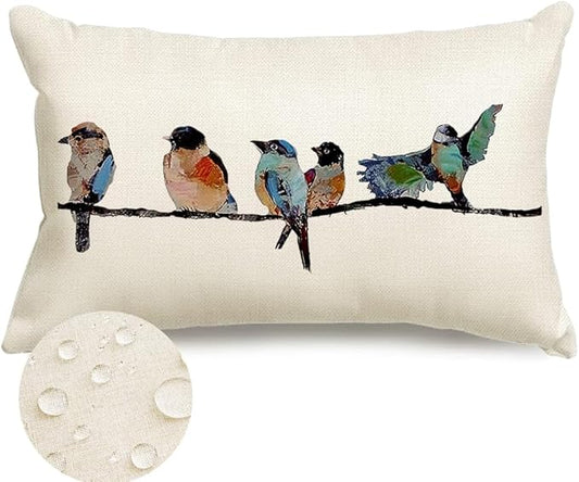 RABUSOFA Outdoor Pillow Covers Waterproof 12x20,Outdoor Bird Lumbar Throw Pillow Cases Small Decorative Pillows for Couch Patio Furniture Polyester Linen Teal Blue