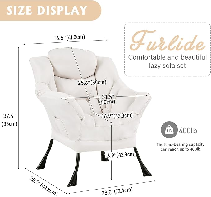 Lazy Chair for Living Room, Modern Accent Chairs with Armrests, Beige Armchairs with Side Pocket, Cozy Lazy Sofa for Reading, Balcony, Bedroom, Dorm, Small Spaces