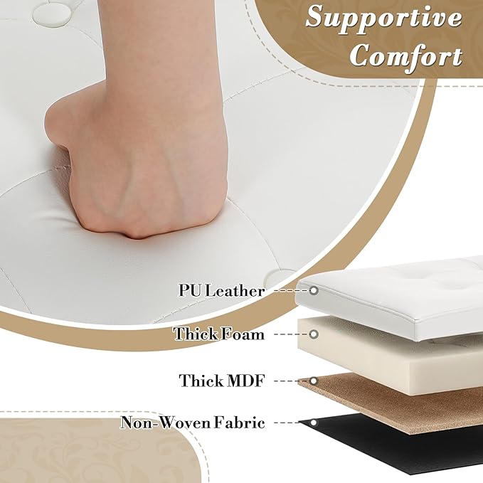 Athena Collection 24.5 Inch Small Ottoman with Storage, Round PU Leather Storage Ottoman Foot Rest with Removable Lid, Multipurpose Footstool Footrest for Livingroom, Bedroom, Dorm, White