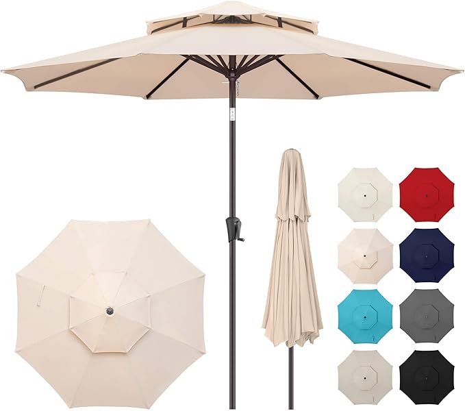 9FT Outdoor Patio Umbrella - 2 Tiers Table Umbrella Waterprool UV Protection, Sombrillas de Patio with Push Button Tilt, Sun Umbrella for Pool, Porch, Garden, Backyard (Beige)