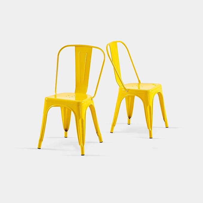 AC Pacific 18 Inch Seat Height Industrial Metal Dining Chairs, Stackable Kitchen or Bar Seat, Durable Modern Design, Versatile Accent Furniture, Set of 2, Yellow