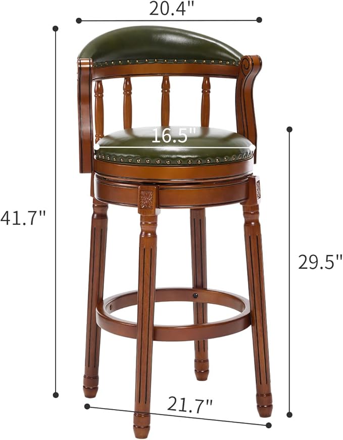Cow top Leather Wooden Bar Stools, 29.5" Height Bar Chair with Back, 180 Degrees Swivel Bar Stools Chair for Home Kitchen Counter,Restaurant,1pc (Green-2pcs, Bar Seat Height 29.5in)