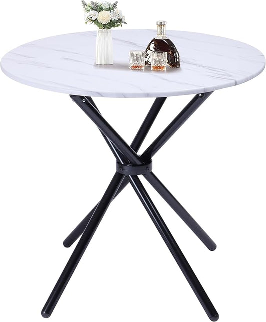 FurnitureR 31.5-Inch Round Dining Table for 2-4 People, Multifunctional Wooden Table for Cafe Restaurant Home Kitchen Dining Room, Unique Intersecting Pedestal Base and Metal Legs, White Marble