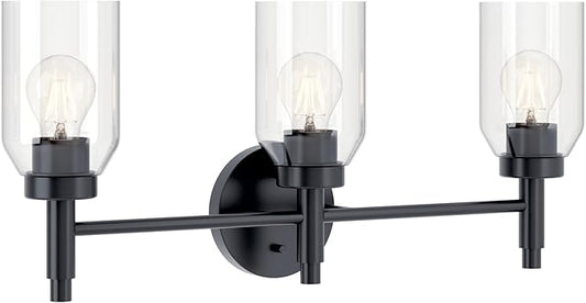 Kichler Madden 3-Light Vanity with Clear Glass in Black, Sloped Ceiling Compatible, for Single Vanity in Bathroom (10.5" x 24"), 55185BK
