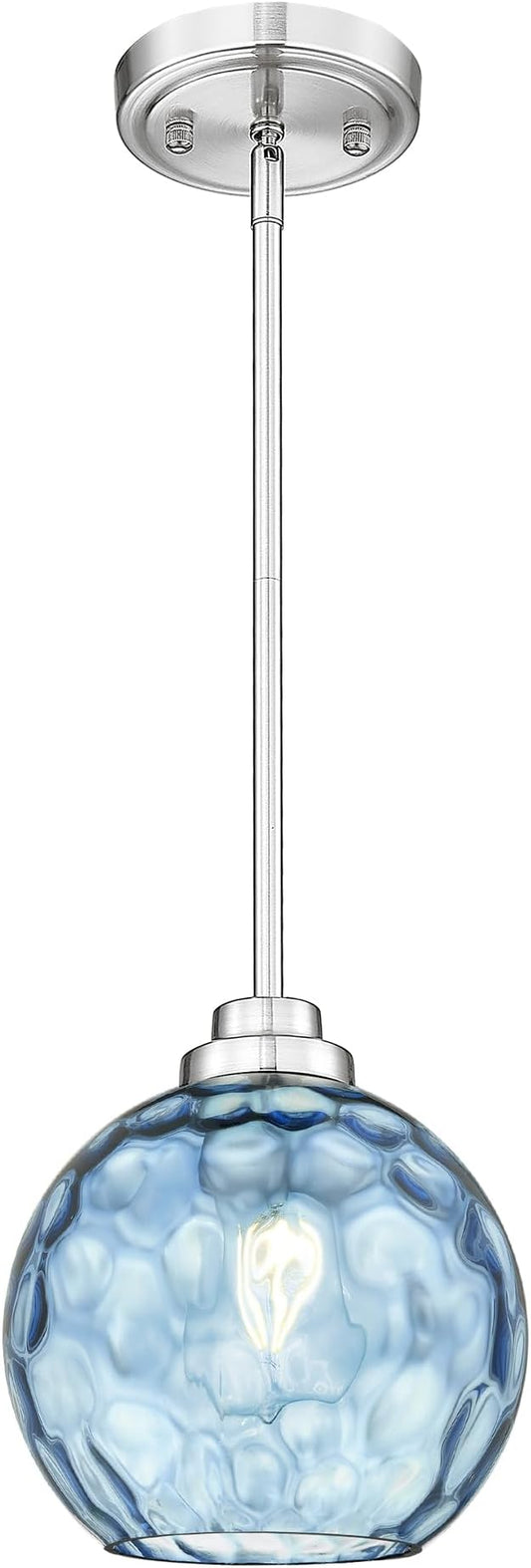 8 Inch Modern Farmhouse Pendant for Kitchen Island, Adjustable Height Hanging Fixture with Blue Hammered Glass, Brushed Nickel, Dining Room Entryway - PL101HBL-L