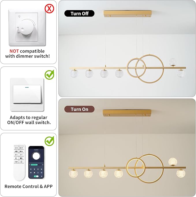 Modern Gold Chandeliers for Dining Room, 47in Dimmable LED Chandelier Linear Gold Pendant Light for Kitchen Island, Upgraded 6 Globe Hanging Pendant Chandelier Lighting (2 Rings, 4200lm)
