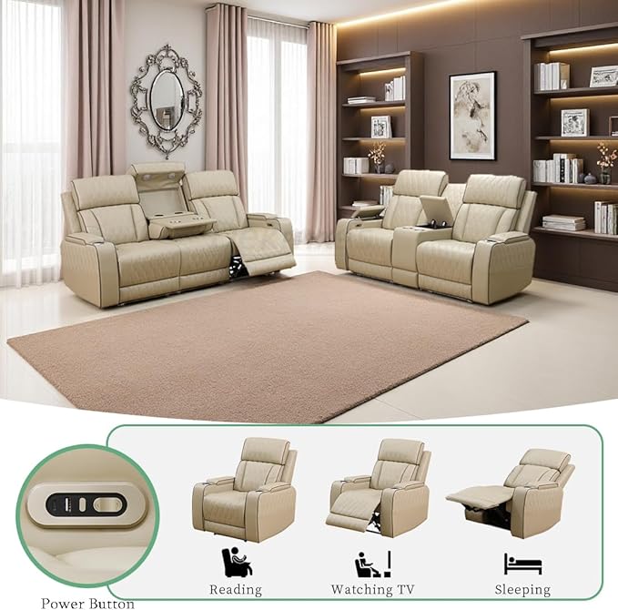 2PCS Living Room Furniture Sets, Beige Power Reclining Sofa Set with Cup Holders, Breathing Leather Recliner Sectional Sofa Set with Storage Console and Drop-Down Table Reclining Couches