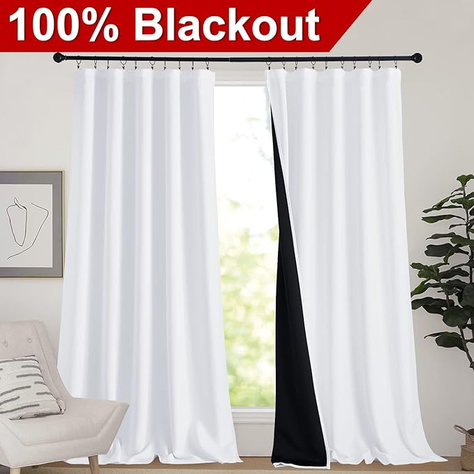 NICETOWN Thermal Insulated Curtains for Windows, Super Heavy-Duty Black Lined Blackout Curtains for Bedroom, Privacy Assured Window Treatment (White, Pack of 2, 62-inch W x 95-inch L)
