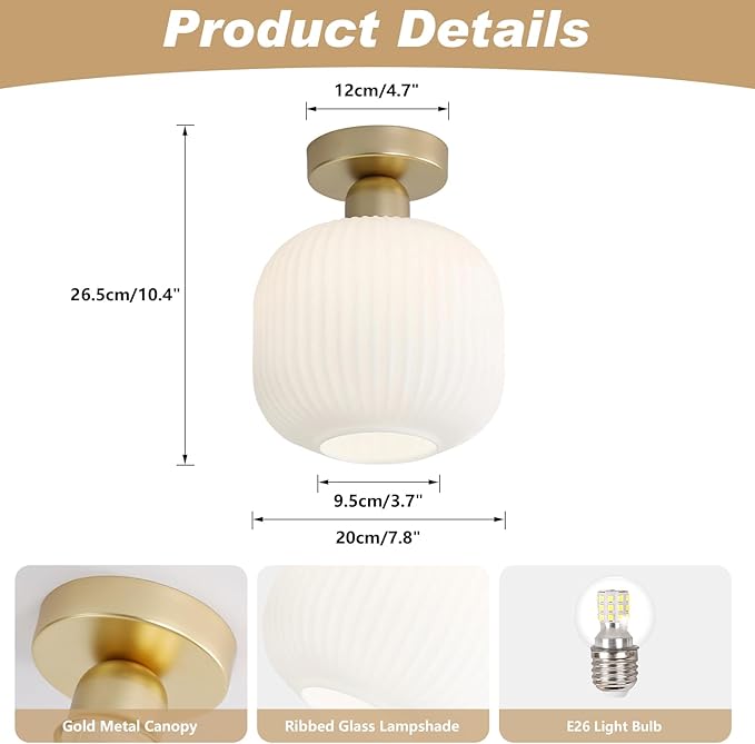 KCO Lighting Small Bedroom Ceiling Lights Milk Glass Flush Mount Ceiling Light Set of 2 Vintage Gold Ceiling Lamps Mid Century Modern Semi Flush Mount Ceiling Light (2 Pack)