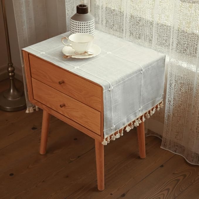 Modern Nightstand Cover with Tassels,Rustic Plaid End Table Cover Cloth,Square nightstand dust Cover and Dresser Cover top for Living Room.Machine Washable (Grey,43.4" L x 15.7" W)