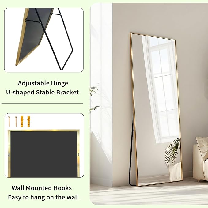 Gold Mirror Full Length, Floor Length Mirror with Aluminum Metal Frame, Standing Mirrors for Bedroom, Livingroom, Bathroom, Hallway, Cloakroom, Wedding. (56x16 inch, Gold)