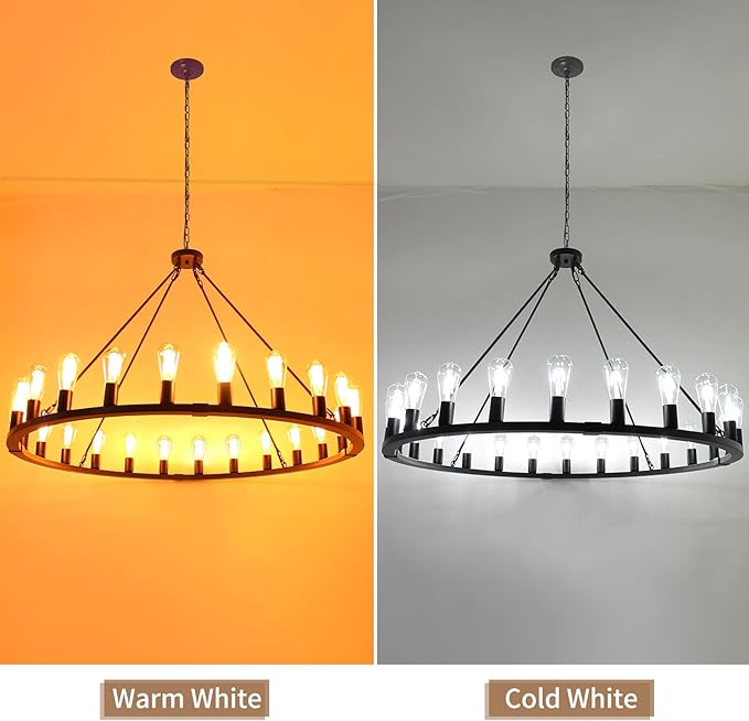 Wagon Wheel Chandelier 24-Light 48-Inch, Black Round Rustic Farmhouse Chandelier Extra Large for High Ceilings, Dining Room, Living Room