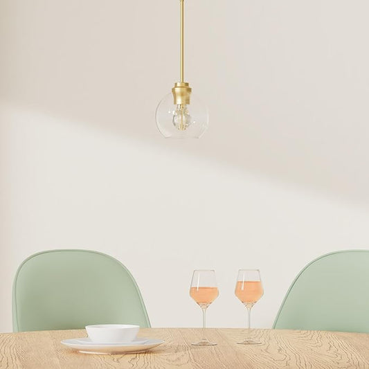 Modern Polished Gold Pendant Light, 7Inch Mid Cenrury Globe Hanging Light Fixture with Clear Glass for Kitchen Island Dining Room Bedroom Hallway Foyer (1 Pack), PL101BG