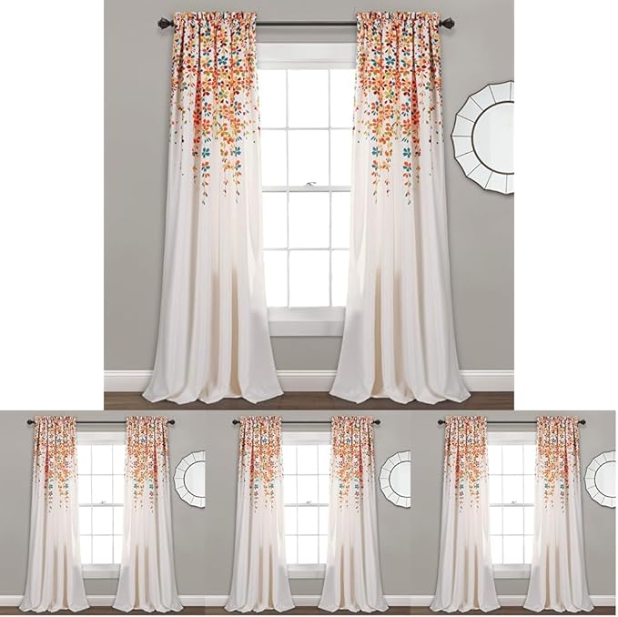 Lush Decor Weeping Flower Light Filtering Window Curtain Panels,Pair,52" W x 84" L + 2" Header,Turquoise&Tangerine Charming Modern Floral Curtains for Living Room, Dining Room & Bedroom(Pack of 8)