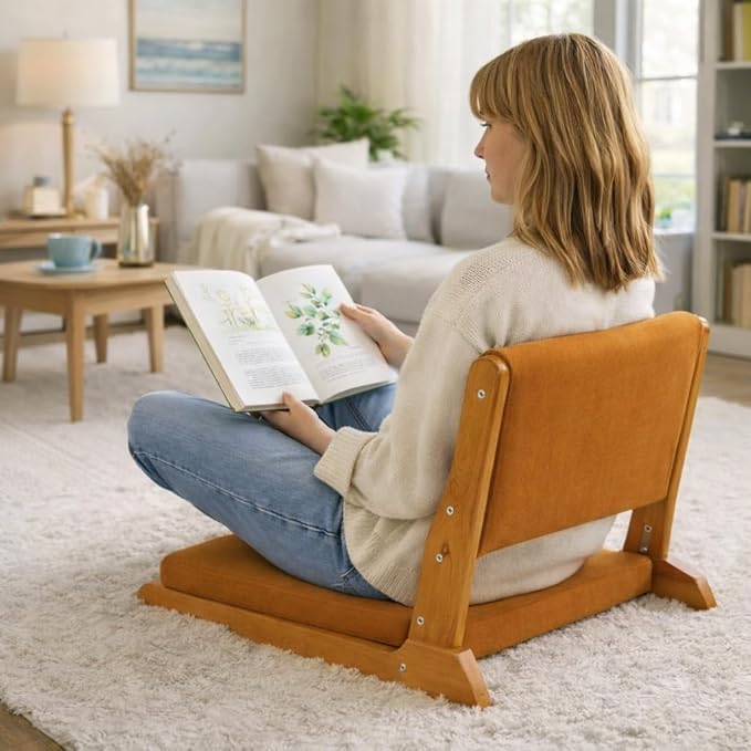 HollyHOME Foldable Japanese Style Floor Chair with Back Support, Tatami Chair with Cushion, Meditation Seat for Bay Window, Living Room, Bedroom, Pumpkin Color