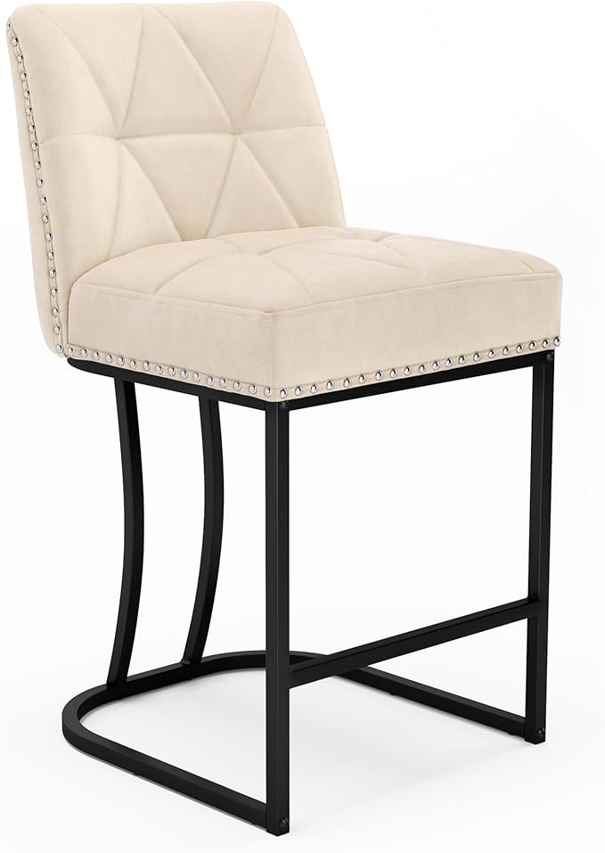 LUE BONA 24" Bar Stools Set, Counter Height Bar Stools with 5.5" Thick Cushion, Upholstered Leather Barstools with Metal Frames for Kitchen Island, Dining Room, Apricot Grey