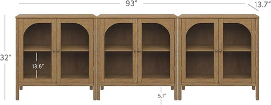 Nathan James Mason TV Stand, Free Standing Accent Sideboard Buffet, Credenza with Glass Doors and Adjustable Shelf in Brushed Light Brown Wood for Dining Room, Entryway and Living Room, Set of 3