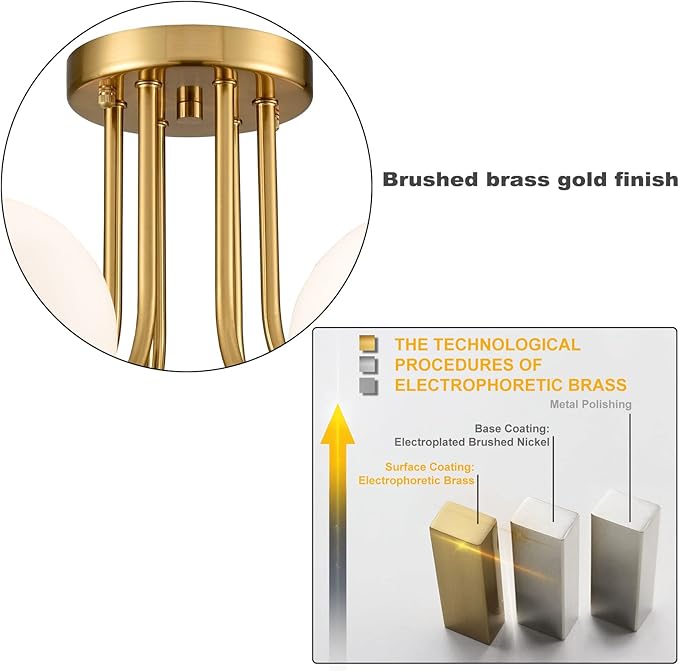 Modern Brushed Brass Gold 6-Light Ceiling Light with Globe White Glass Shade Semi Flush Mount Light Fixture for Dinning Room Foyer Hallway Sputnik Chandeliers
