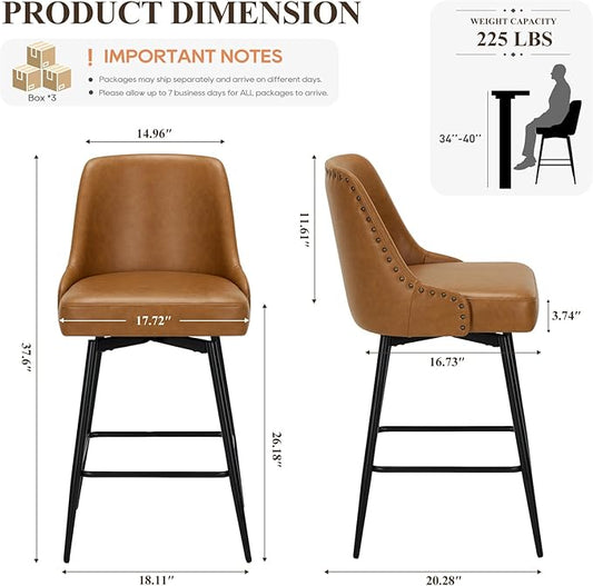 Bar Stools Set of 6, 26" Swivel Counter Height Chairs with Back,Thick Padded Seat & Footrest,Modern Faux Leather Barstool for Kitchen Island,Dining Room,Pub,Brown
