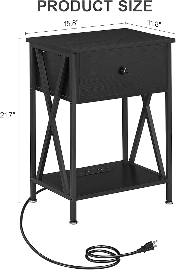 VECELO Nightstand Set of 2,End Tables with Charging Station,Bed Side Table with Open Shelf &USB Ports & Outlets,Small Dresser for Bedroom, Living Room,Black
