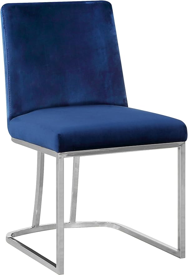 Meridian Furniture Heidi Collection Modern | Contemporary Velvet Upholstered Dining Chair with Polished Chrome Metal Frame, Set of 2, 19" W x 23" D x 32" H, Navy