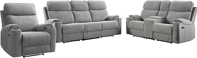 HAOMARKETS 3-Piece Power Recliner Sofa Set with Charging Port, Include Single Recliner Chair, 2-Seater Loveseat Reclining Couch and 3-Seater Reclining Sofa with Cup Holders for Living Room, Light Grey