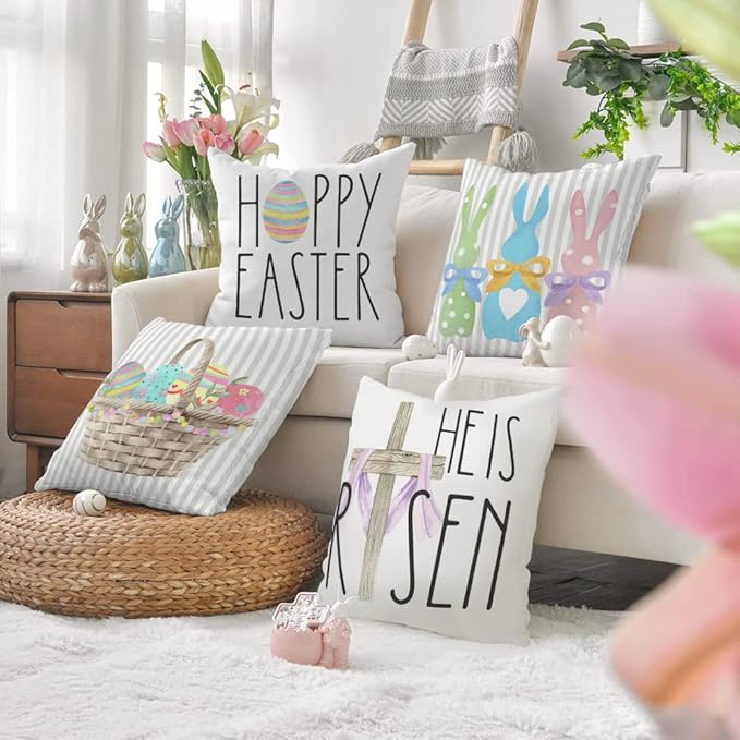 GEEORY Happy Easter Throw Pillow Covers 16x16 Set of 4 Bunny He is Risen Cross Eggs Spring Home Decor for Couch G261-16